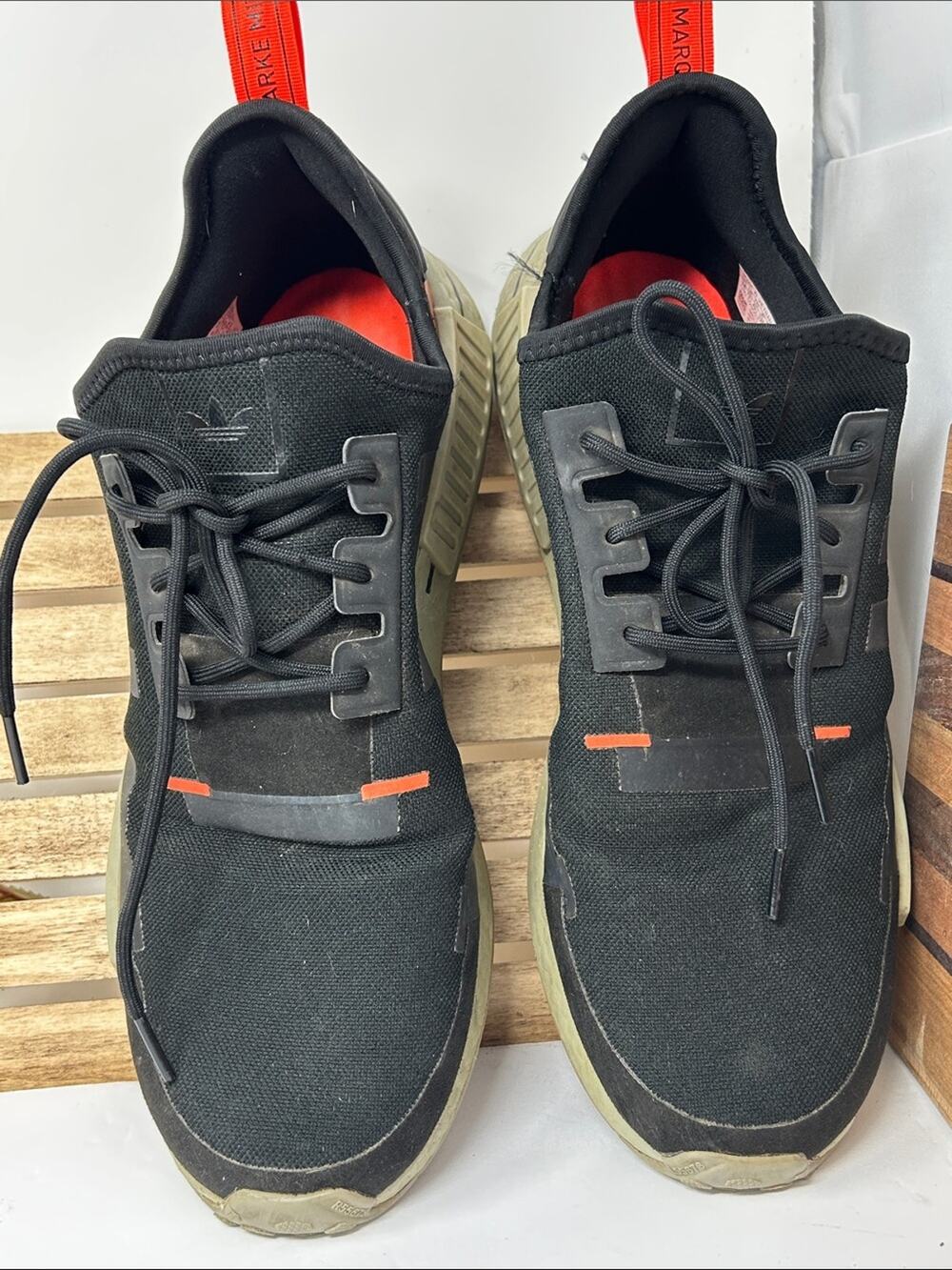 Adidas Die Weltmarke Mit Black Knit Sneakers with Orange Pull Tabs Size 14